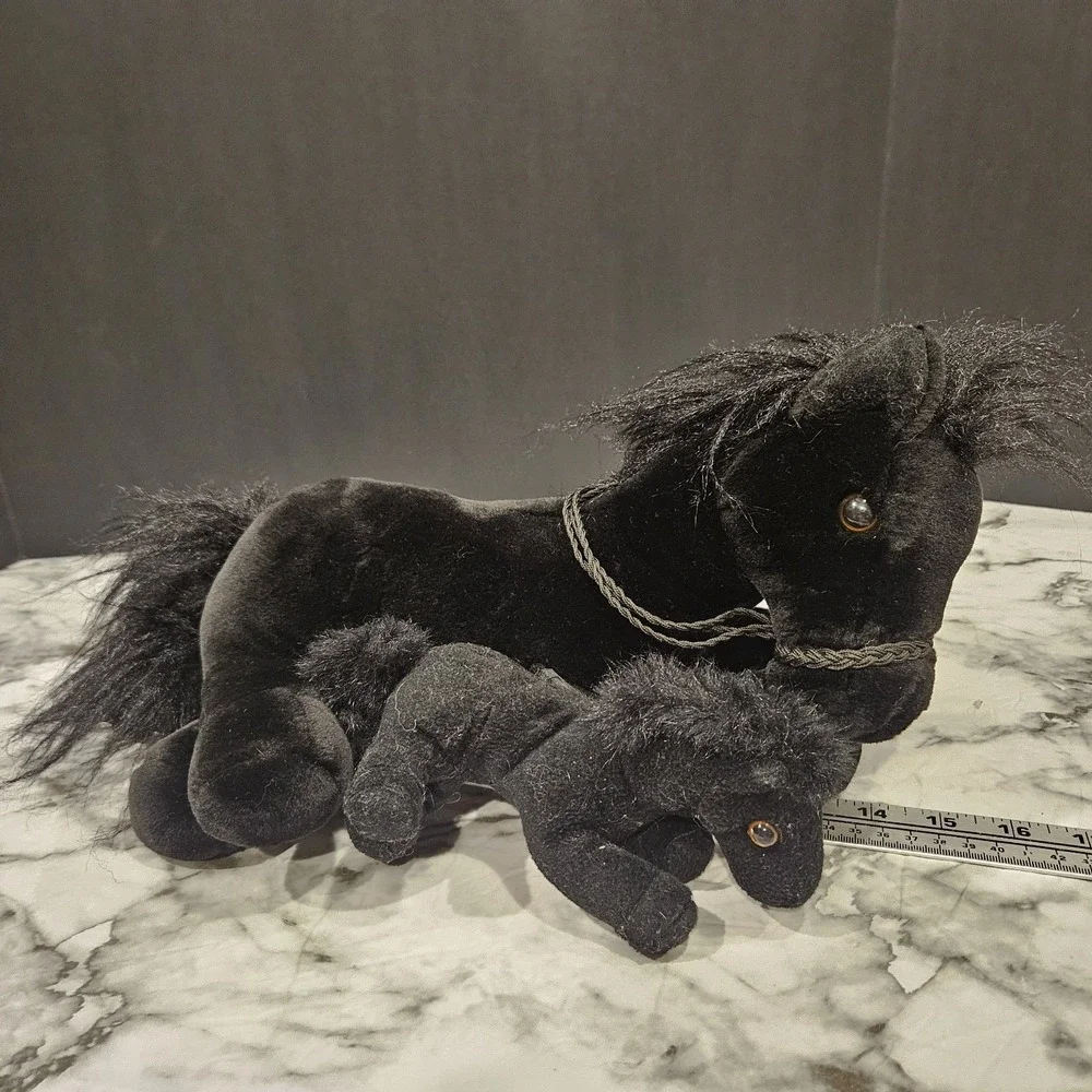 Black Horse Plush w/‎ Baby Foal Hook & Loop Set 14
